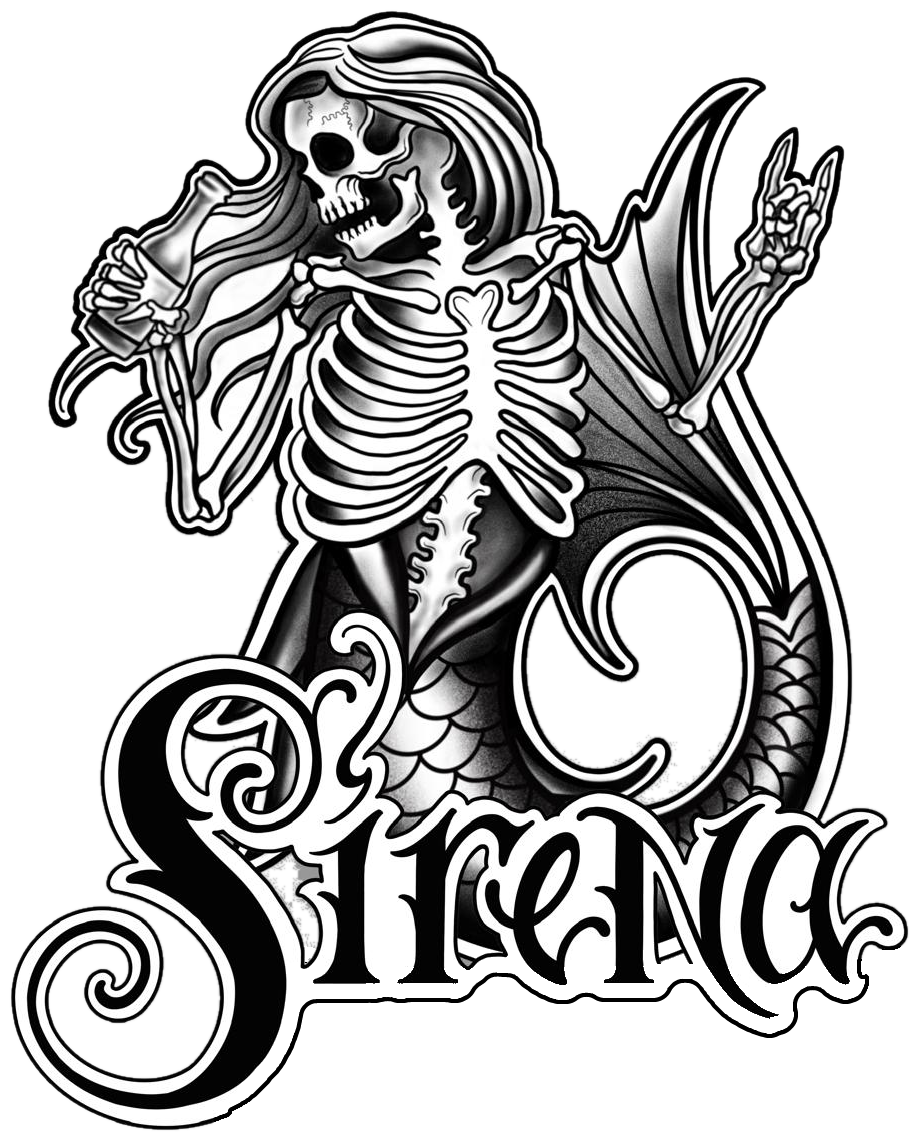 Sirena — a skeleton mermaid holding a bottle, tattoo-style black and white illustration