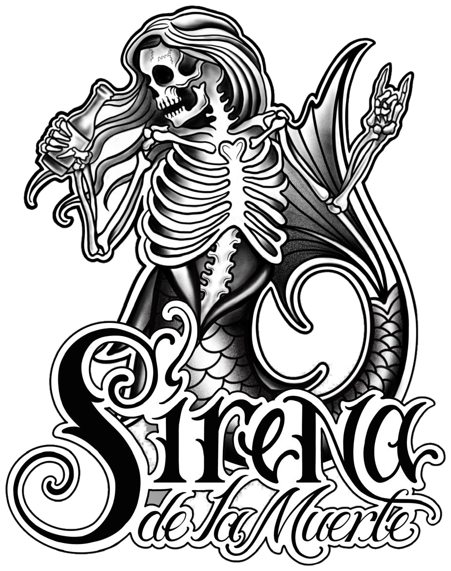Sirena de la muerte — a skeleton mermaid holding a bottle, tattoo-style black and white illustration