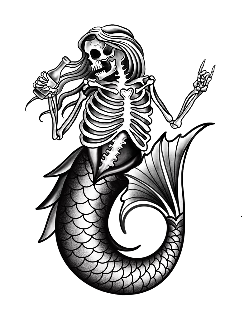 Sirena De La Muerte — a skeleton mermaid holding a bottle, tattoo-style black and white illustration